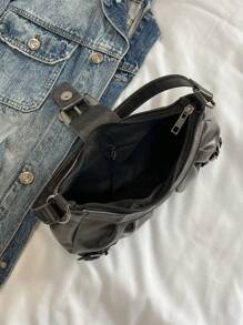1pc Women's Vintage Retro Punk Motorcycle Rivet Decor Adjustable Strap Large Capacity Soft Faux Oiled Leather Ombre Color Shoulder Underarm Baguette Square Bag, Suitable For Work, Commute, Dates, Parties, Vintage Bag For Women, Halloween Purse Perfect For Fancy Party Halloween Fashion & Gothic Fashion , Office Bag , Goth , Punk - Black - View 7