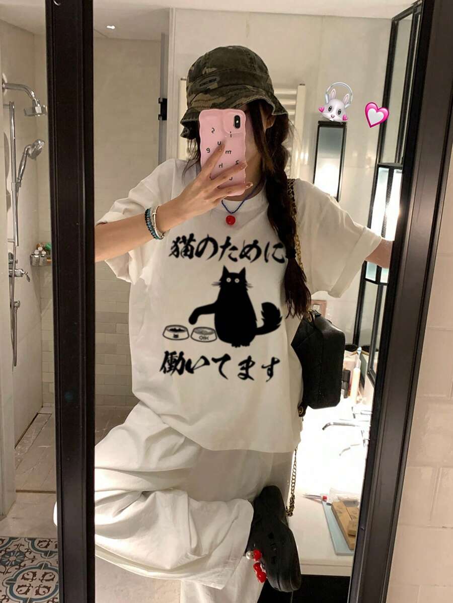 全新夏季纯棉宽松短袖T恤适合娇小女性，日本人物印花时尚品牌设计上衣