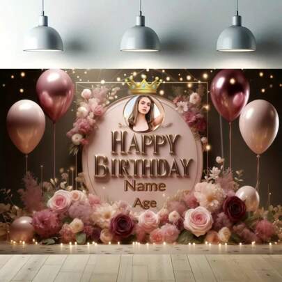 Customized Birthday Party Backdrops, Love Theme Party, Pink Crown Balloon Gift Box Banner, Exquisite Personalized Photo Wall Backdrop, Home Decor, DIY Pattern & Text Party Decoration Wall Hanging, No Power Required, Polyester Fiber, (29*39 39*59 70*90) Inches, Photography Props And Festival Decoration