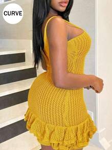 Plus Size Butter Yellow Ladies' Multi-Layer Ruffle Hem Sleeveless Sweater Dress With Straps,USA 4th Of July, Graduation Dress Simple Stylish,Graduation Outfit,Simple Stylish,Summer Women Dress - Yellow - View 3