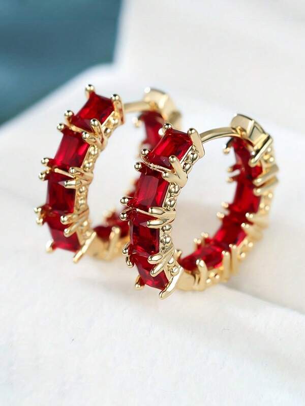 1pair Fashionable Golden Rectangular Right-Angle Red Hoop Earrings, Jewelry Gift For Girls