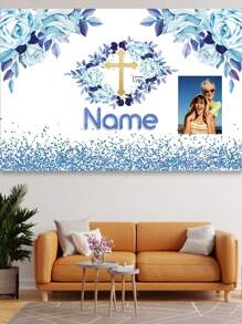 1 pieza Tela de fondo personalizable para fotografía de bautizo con nombre y foto de bebé, telón de fondo bendición de Dios para fiesta de