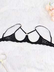 女士黑色性感蕾丝内衣套装 - 蝴蝶结装饰文胸和开裆蕾丝坦加内裤，适合外出穿着 - 黑色 - 查看 3