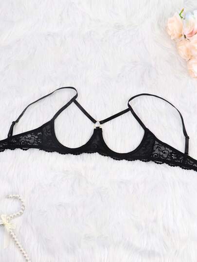 Zwart Verleidelijke Kanten Lingerie Set Featuring Bowknot Bralette Open Crotch Tanga Panties Going Out view 3