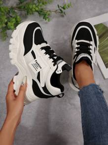 秋冬新款网眼休闲女式运动鞋，透气时尚百搭女士厚底坡跟运动鞋 - 黑色 - 查看 3