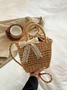 Yogodlns Luxury Designer Lace Bow Straw Weave Women's Handbag Crossbody Bag Small Bucket Tote Summer Beach Bag Casual Hollow Out Weaving Shoulder Bags For Women Small Square Crossbody Bag Purse Female Fashion Handbag Clutch