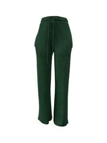 Women's Woolen Pants With Waistband, Yoga Sports Pants, Wide Legs, High Waist, Casual Sleepwear Pants, Comfortable And Elastic Sports Leisure Pants With Pockets - 綠色 - 查看 4