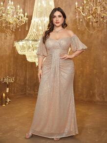 UNITHORSE Plus Size Women's Off-Shoulder Backless Sequins Bodycon Party Elegant Evening Dress, Bride Dress, Birthday Outfits, Graduation Dress, Formal Dress, Fall Women Clothes - 香檳色 - 查看 3