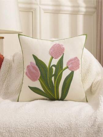 1 Funda de almohada bordada con flor pequeña, funda de almohada bordada con tulipán, decoración del hogar, sala de estar, dormitorio, decoración de sofá exterior