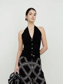 Top sin mangas con cierre de botones de alta gama, tipo halter y espalda descubierta, estilo coreano - Negro - Ver 1