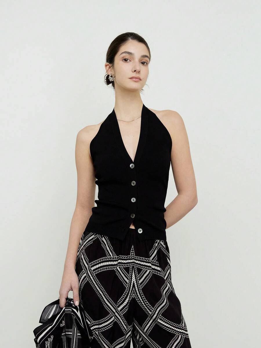 Top sin mangas con cierre de botones de alta gama, tipo halter y espalda descubierta, estilo coreano - Negro - Ver 1