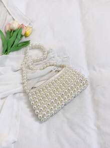 1pc Faux Pearl Beaded Woven Handbag, Versatile Shoulder Bag Suitable For Women To Attend Formal Occasions Or Everyday Commute, Elegant Faux Pearl Bag - White - View 6