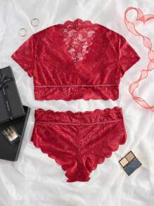 Plus Size High Waist Lace Wave Trim Sexy Lingerie Set - Burgundy - View 6