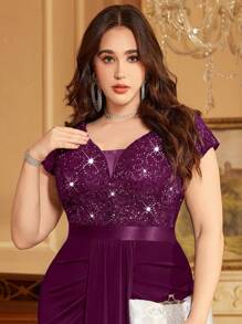 Plus Deep V-Neck Sequin Lace Contrast Ruched Draped Front Mermaid Hem Evening Party Formal Dress, Valentine's Day Dress, Summer Dress, Wedding Guest Dress, For Birthday, Dinner, Prom, Homecoming - Maroon - View 9