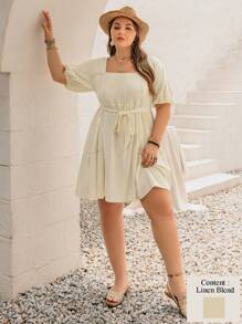 Rusttydustty Women's Plus Size Linen Feel Beige Square Collar Short Sleeve Belt Short Dress Boho Easter Beach Outfits Hawaii Coachella Music Festival Tropical Vacation