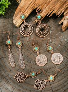 TopHanqi 10pcs/Set Retro Coffee Color Earrings For Women, Bohemian Vintage-Inspired Hollow Out Earrings Featuring Geometric, Sea Star, Animal Designs, Metal Texture, Versatile Daily/Party/Gift Accessory, All-Seasons - Dark Brown - View 6