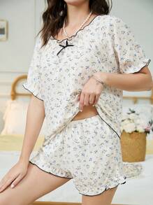 Conjunto de pijama Romántico 1 con estampado floral acreditado para mujer, conjunto de pijama de top de manga corta y pantalones cortos de 2 piezas, vacaciones
