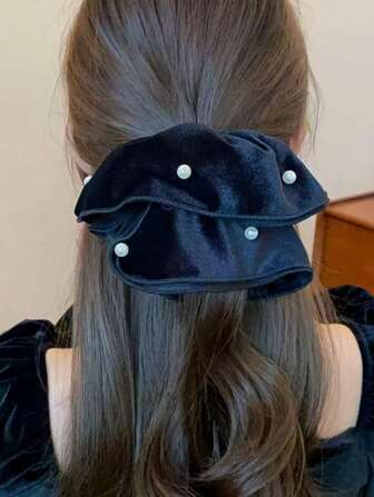 1 件复古天鹅绒串珠双层发圈，优雅发圈发圈发带