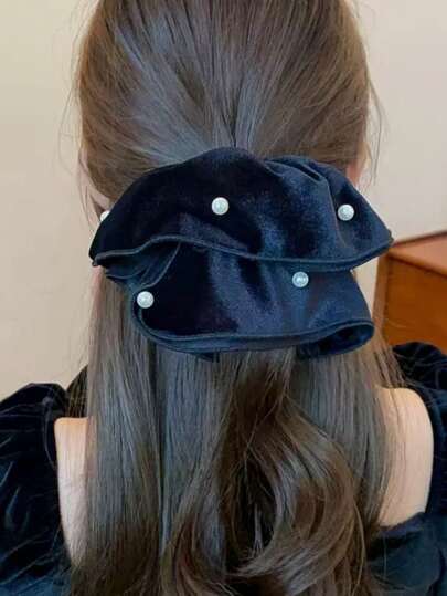 1pc Vintage Velvet Beaded Double-Layer Hair Scrunchie, Elegant Hair Scrunchie Scrunchies Hair Tie