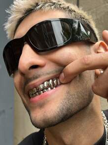 THATBOY 2pcs Punk Cyber Grill Teeth, 18K Gold Plated Shiny Grillz, For Halloween Party - Multicolor - View 5
