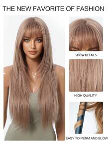 This Comfortable, Natural And Breathable Mocha Brown Straight Hair 28-Inch Wig Is A Synthetic Wig For Women And Girls, Suitable For Role-Playing, Party And Wedding Wigs, As Well As Daily Wear. It Is Also A Halloween And Christmas Gift - 駝色 - 查看 8