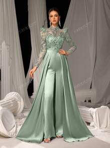 Faeriesty Elegant Satin Jumpsuit With Glittering Sequin Embroidery & Floor-Length Trail | Luxury Evening Wear For Black Tie Galas, Weddings, Formal Events