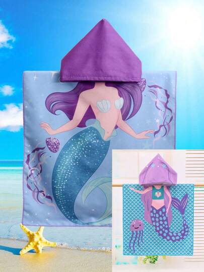 1 件美人鱼图案超大加厚吸水沙滩连帽毛巾家居浴室装饰沙滩装夏季返校