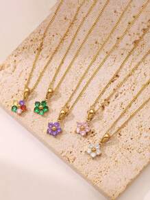 1pc 18K Gold Plated Stainless Steel Cubic Zirconia Flower Necklace, Suitable For Couples Everyday Wear