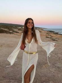 Spring And Summer New Women's Elegant See-Through Long Sleeve Crochet Maxi Long Dress,Dress With A Tie Belt Knit Dress, V - Neck Beach Dress,For Outfits Suitable For Music Festivals,Party,Daily Dressing - White - View 5
