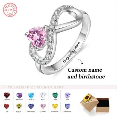 1pc 925 Silver Birthstone Ring, Birthstone Ring For Mom, Minimalist & Elegant Birthstone Ring, Personalized Gift, Birthday Gift