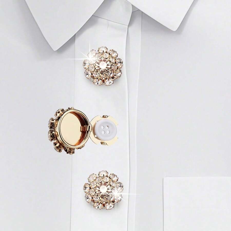 5/3/1pc Women Rhinestone Button Set, Gold/Silver Crystal Detachable Button Decor Clips For Shirts, Apparel DIY, Festive Decorations (Buttons Included)