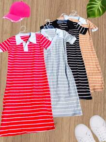 V-Neck Fitted Striped Dress - Mocha Brown - View 2
