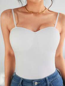 Top stretch con cuello amplio tipo corazón tirantes delgados ajustables frunce central posterior a tono estilo casual básico día noche dama mujer calor fresco playa calle - Blanco - Ver 1