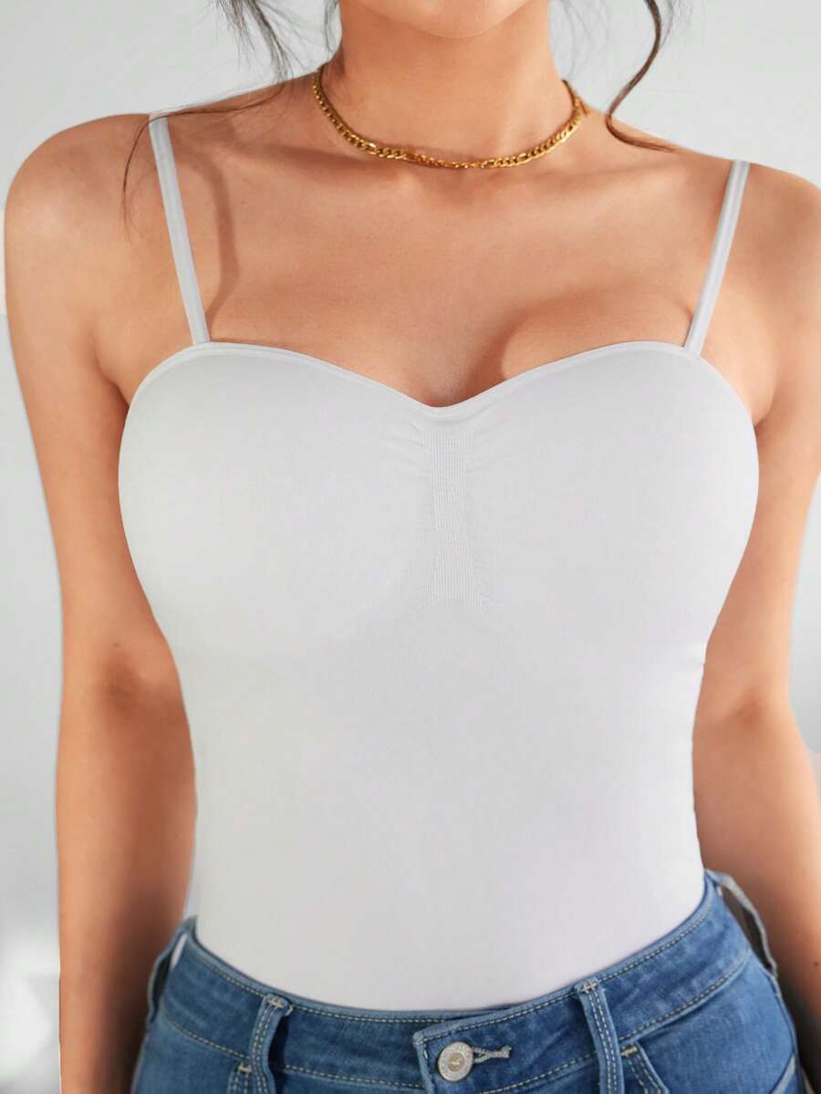 Top stretch con cuello amplio tipo corazón tirantes delgados ajustables frunce central posterior a tono estilo casual básico día noche dama mujer calor fresco playa calle - Blanco - Ver 1