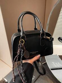 纯色 PU 皮革百搭女士手提包，复古时尚手提包，适合派对和日常使用 - 黑色 - 查看 2