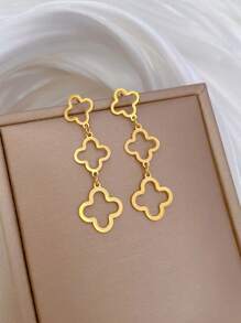 1 对女士简约镂空四叶草耳环，适合日常佩戴 - 金黃色 - 查看 3