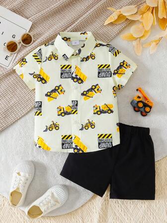 Summer Cartoon Car Print Short Sleeve Shirt & Versatile Casual Shorts Suit