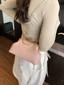 HELLO WEEKEND 1pc Woven Texture Solid Colored PU Tote Handbag, Fashionable & Portable For Daily Use By Women - Pink - View 4