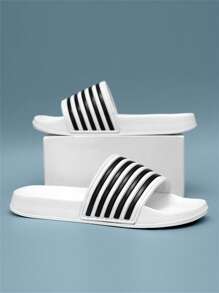 （情侣款）男士简约时尚条纹大码露趾拖鞋，EVA软底浴室沙滩拖鞋，室内外皆宜，尺码36-50，男女通用