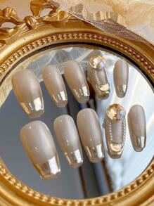 10 Pieces Of Custom Press-On Long Nails, Four Seasons Nail Art, Wedding Season Nail Art New Fashion DIY Cat Eye Nails, Gold French Edge Pattern Design, Gold Crystal Nail Accessories, Gold Nails Detachable Reusable Nail Supplies, Nail Powder, Nail Glitter Suitable For Girls, Ladies To Use On Stage, Dance Party, Party, Wedding, Holiday Scenes,Customized Nails; Custom Text; Custom Images.