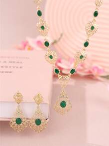 1 Set French Romantic Hollow Out Metal Rhinestone Inlaid Moroccan Popular Fashion Rhinestone Necklace & Earrings Jewelry Set, Women Wedding Party Holiday Festival Gift, Mother's Day - Jewelry Sets - View 2