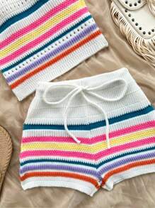 2pcs Women's Spring/Summer Outfit, Striped Colorblock Vacation Style, Tie-Neck Design, Fitted Knit Top, Cropped Sleeveless Shirt And Skinny Shorts, Summer 2-Piece Set For New Year
