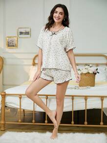 Conjunto de pijama Romántico 1 con estampado floral acreditado para mujer, conjunto de pijama de top de manga corta y pantalones cortos de 2 piezas, vacaciones