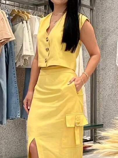Women 2pcs Set - Solid Color Single-Breasted Vest & Pocket Decorated Skirt, Casual