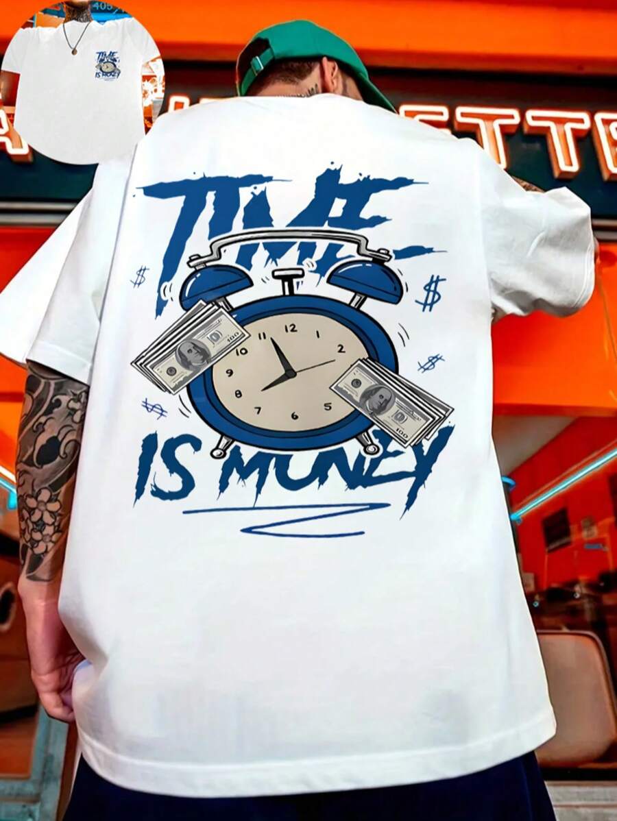 Money Clock Graphic Print T-Shirt, Short Sleeve Crew Neck Casual Top For Summer And Spring, Men's - White - View 1