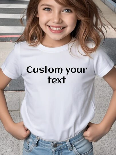 Personalized Text Customized Short Sleeve T-Shirt For Little Girls, Input Your Text/Name/Birthday Wishes/Message, Team Uniform Or Outdoor Service Customization, Personalized Round Neck Black Tee For Girls, Holiday Gift, Birthday Gift, First Birthday Gift, Cultural Shirt, Summer Girls Top