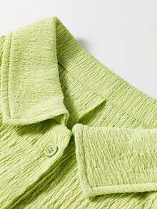 Acelitt Mono de camisa de manga corta con bolsillo y pantalón corto de mujer en color verde neón texturizado - Verde - Ver 6