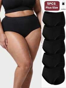 5pcs/Pack Women Plus Size Seamless High Waist Knitted Black Panties, Solid Color Soft Stretchy Full Coverage Ladies Underwear - Black - View 3