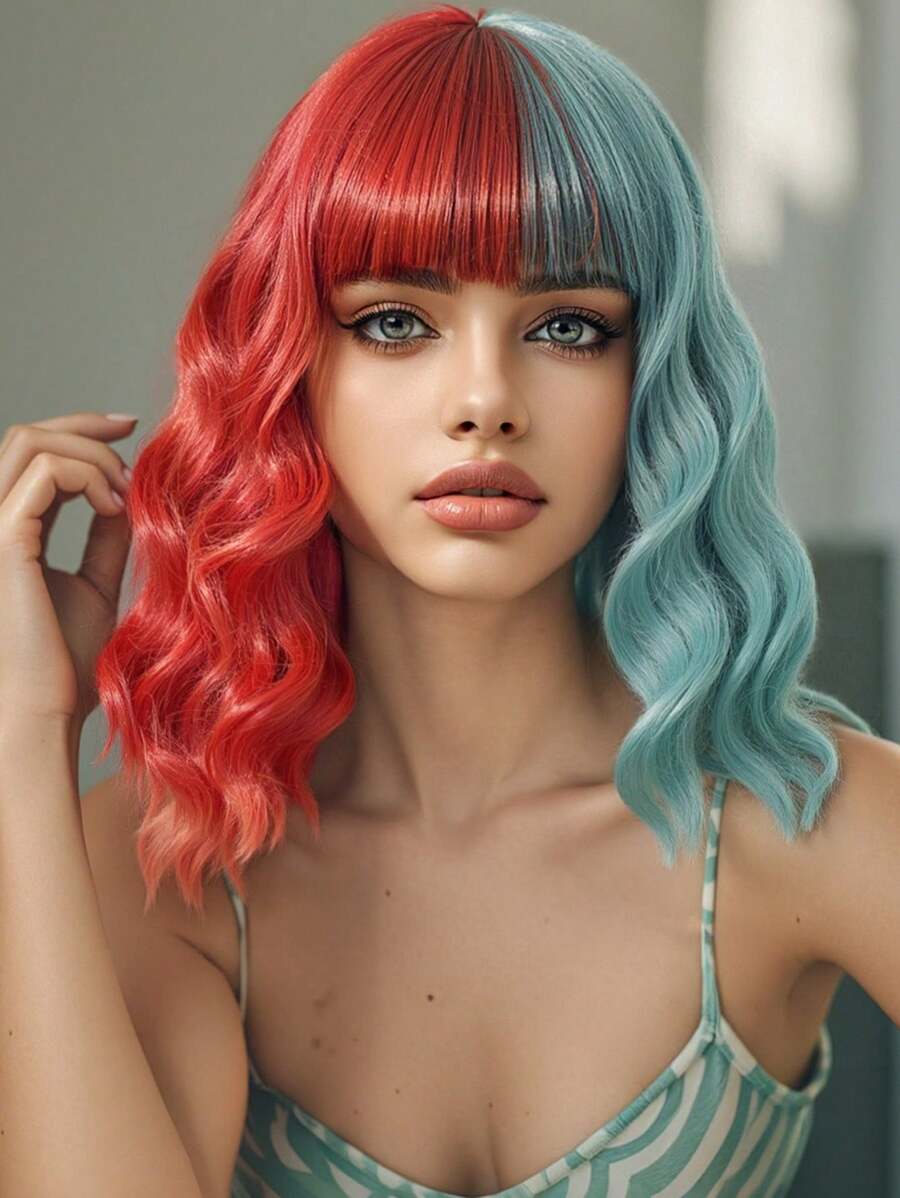 Ombre Golden Short Wavy Curly Wig With Bangs, Platinum Blonde Bobo Style, Heat Resistant Synthetic Wig, Suitable For Women's Daily Wear And Parties - Multicolor - View 1