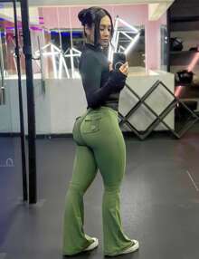 YEOREO Flare Leggings With Pockets For Women Butt Lifting Gym Yoga Leggings Flare Leggings Joggers For Women Fall Clothes For Women Winter Clothes For Women - 酪梨綠 - 查看 5